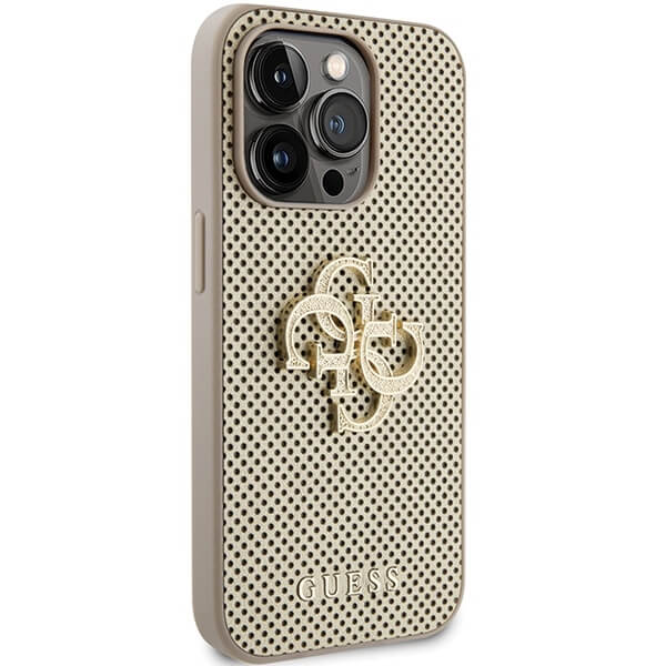 Guess iPhone 15 Pro Max Leather Perforated 4G Glitter Θήκη με Επένδυση Συνθετικού Δέρματος - Gold - GUHCP15XPSP4LGD