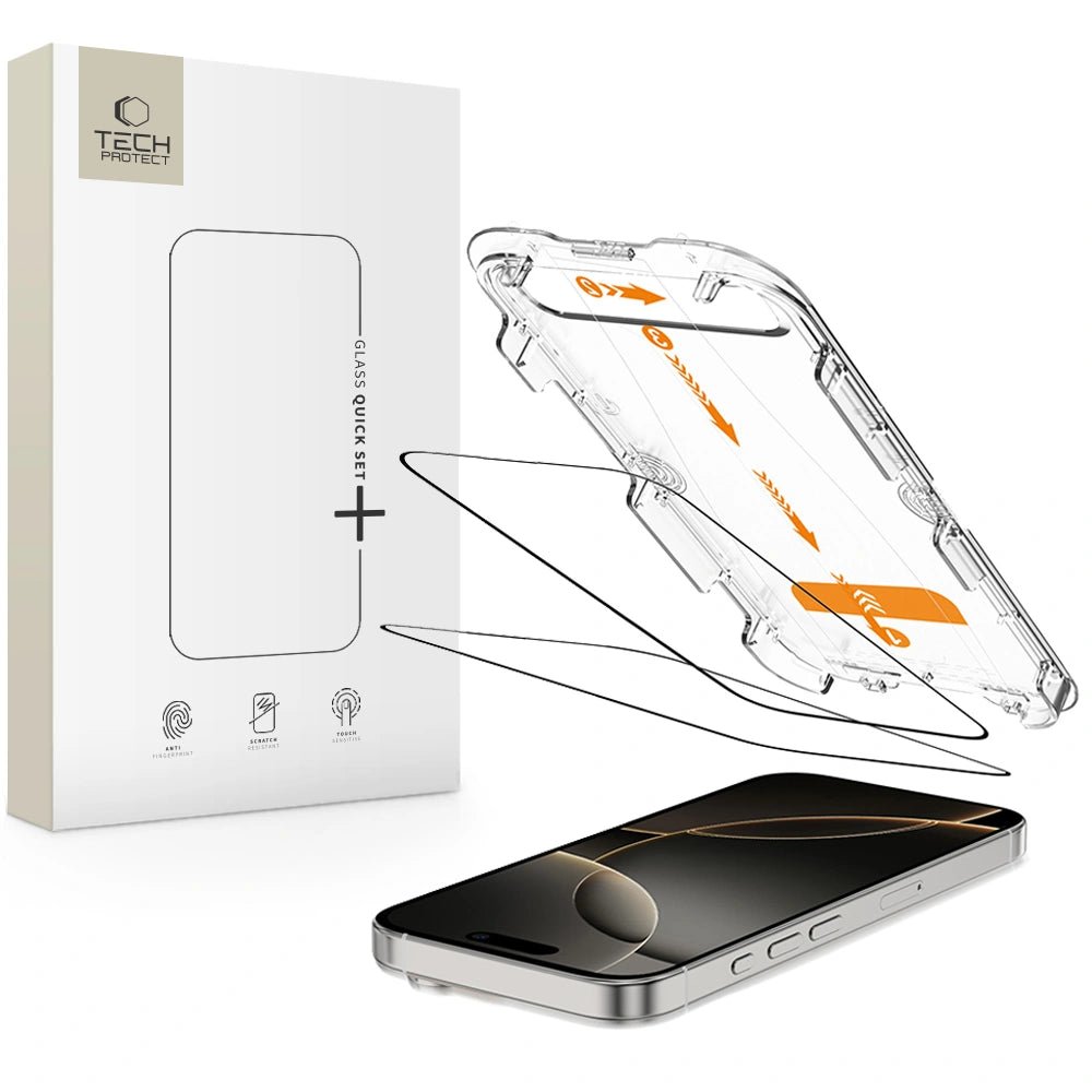 Tech - Protect iPhone 16 Pro Max - Quick Set+ - Σετ με 2 Full Screen Αντιχαρακτικά Γυαλιά Οθόνης και Οδηγό Τοποθέτησης - Black
