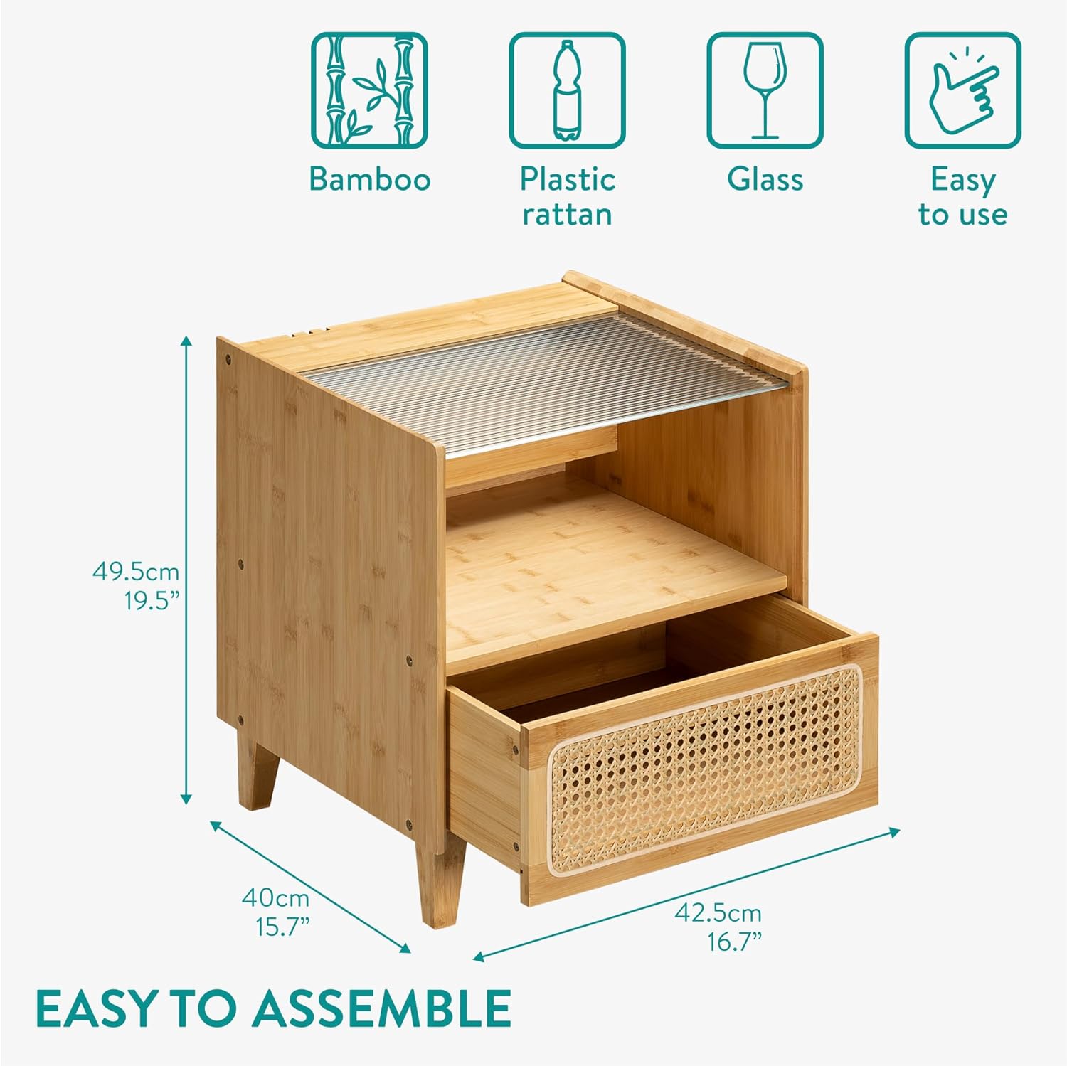 Navaris Κομοδίνο από Μπαμπού και Rattan με Συρτάρι και Γυάλινη Επιφάνεια - Brown - 54441.01