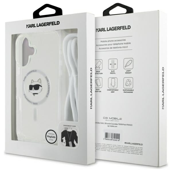 Karl Lagerfeld iPhone 16 - IML Choupette Head and Cord - MagSafe Σκληρή Θήκη με Πλαίσιο Σιλικόνης και Λουράκι - Διάφανη - KLHMP16SHCCHNT