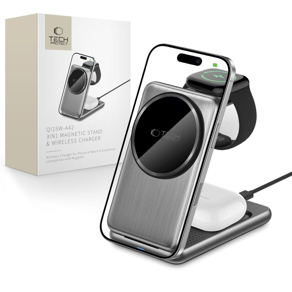 Tech - Protect QI15W - A42 3in1 Ασύρματος Μαγνητικός Φορτιστής MagSafe - Space Grey