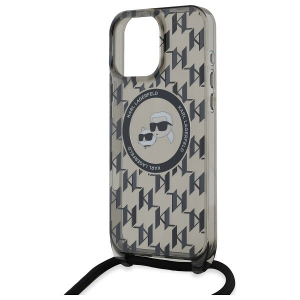 Karl Lagerfeld iPhone 16 Pro - IML Crossbody Monogram Karl and Choupette Head - MagSafe Σκληρή Θήκη με Πλαίσιο Σιλικόνης και Λουράκι - Black - KLHMP16LHCKCKLCK