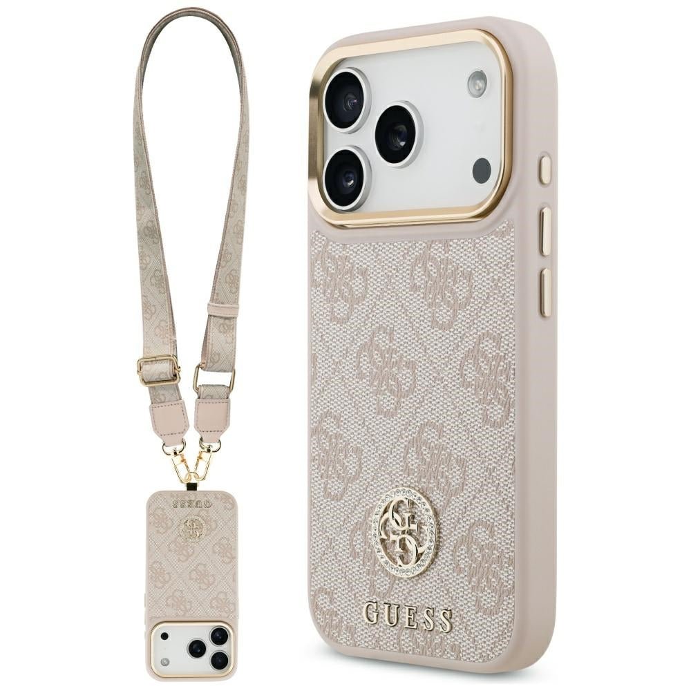 Guess iPhone 17 Pro - 4G Strass Logo and Big Strap Metal Buttons MagSafe - Θήκη με Επένδυση Συνθετικού Δέρματος και Λουράκι - Pink - GUHMP17LP4G4DCSP