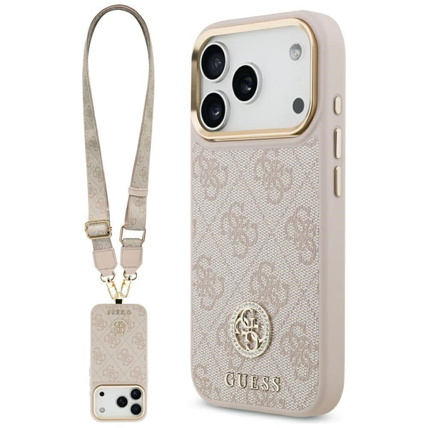 Guess iPhone 17 Pro - 4G Strass Logo and Big Strap Metal Buttons MagSafe - Θήκη με Επένδυση Συνθετικού Δέρματος και Λουράκι - Pink - GUHMP17LP4G4DCSP