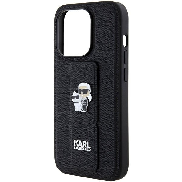 Karl Lagerfeld iPhone 15 Pro - Gripstand Saffiano Karl and Choupette Pin Σκληρή Θήκη με Επένδυση Συνθετικού Δέρματος και Stand - Black - KLHCP15LGSAKCPK