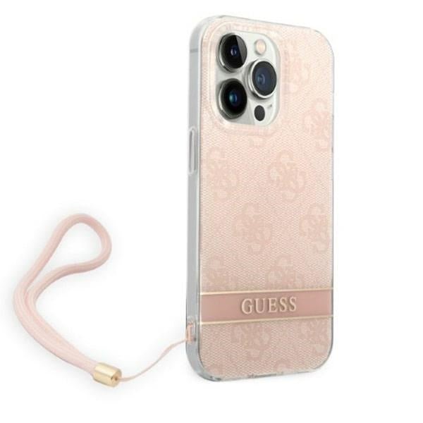 Guess iPhone 14 Pro 4G Print Strap Σκληρή Θήκη με Πλαίσιο Σιλικόνης και Λουράκι - Pink - GUOHCP14LH4STP