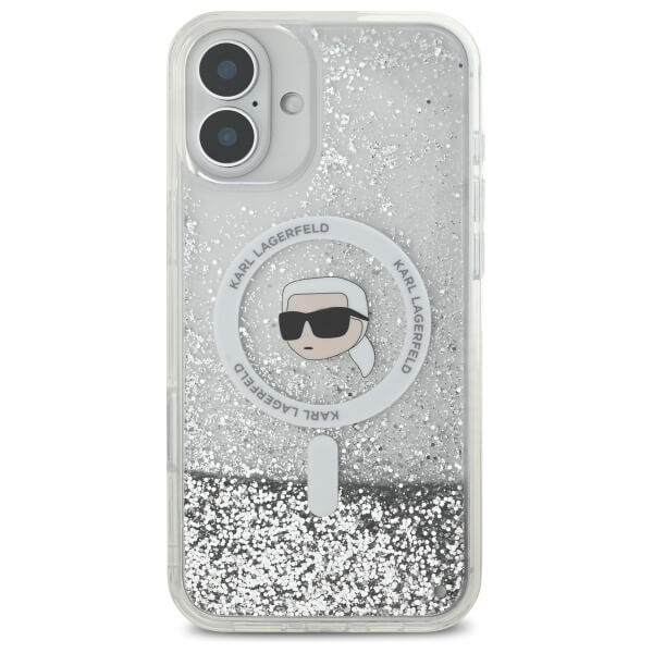 Karl Lagerfeld iPhone 16 - Liquid Glitter Karl Head MagSafe - Σκληρή Θήκη με Πλαίσιο Σιλικόνης - Διάφανη - KLHMP16SLGKISGH