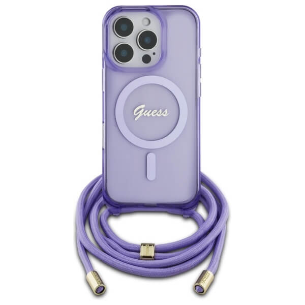 Guess iPhone 16 Pro Max - Crossbody Cord Script MagSafe - Σκληρή Θήκη με Πλαίσιο Σιλικόνης και Λουράκι - Purple - GUHMP16XHCTSGNSU