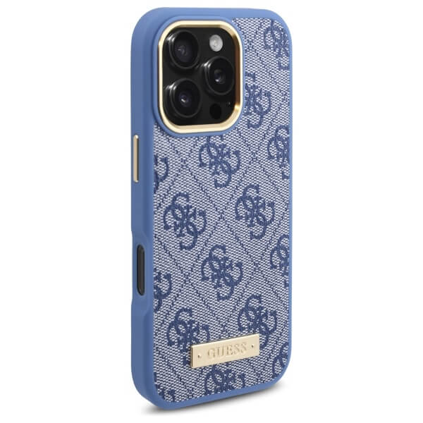 Guess iPhone 16 Pro 4G Logo Plate MagSafe Θήκη με Επένδυση Συνθετικού Δέρματος και MagSafe - Blue - GUHMP16LU4GPRB