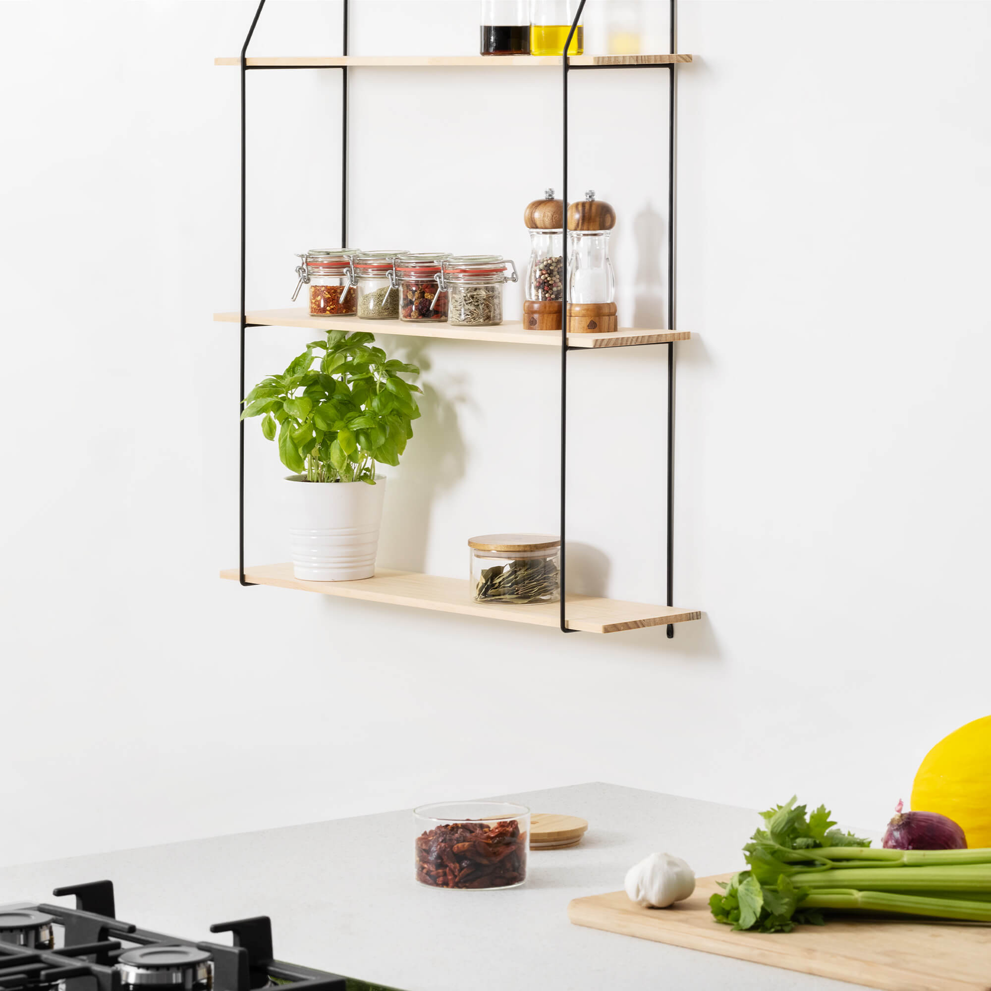 Navaris Ράφι Τοίχου Τριών Επιπέδων - 97 x 65 x 15 cm - Light Brown / Black - 55122.2