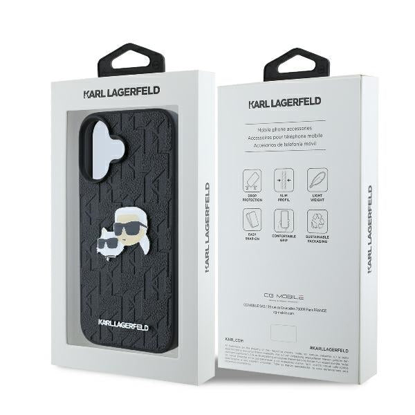 Karl Lagerfeld iPhone 16 Plus - Monogram Karl and Choupette Head Pin Σκληρή Θήκη με Επένδυση Συνθετικού Δέρματος - Black - KLHCP16MPGKLKCPK
