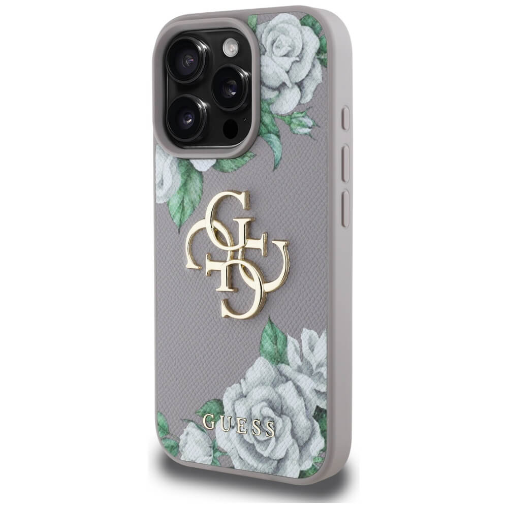 Guess iPhone 16 Pro Max - Grained Roses Big 4G Logo - Σκληρή Θήκη με Επένδυση από Οικολογικό Δέρμα - Purple - GUHCP16XPGROP4MU