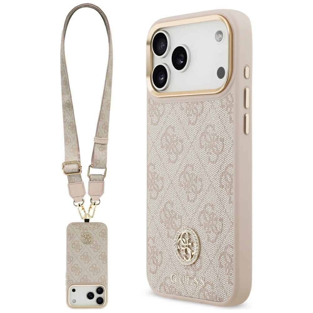 Guess iPhone 17 Pro Max - 4G Strass Logo and Big Strap Metal Buttons MagSafe - Θήκη με Επένδυση Συνθετικού Δέρματος και Λουράκι - Pink - GUHMP17XP4G4DCSP
