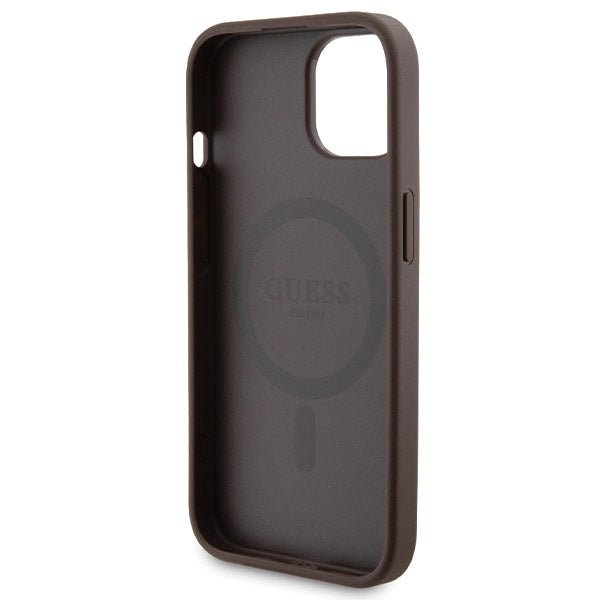 Guess iPhone 15 - 4G Metal Logo Σετ MagSafe Σκληρή Θήκη με Επένδυση Συνθετικού Δέρματος και Powerbank 5000mAh - Brown - GUBPM5P15S4GEMGW