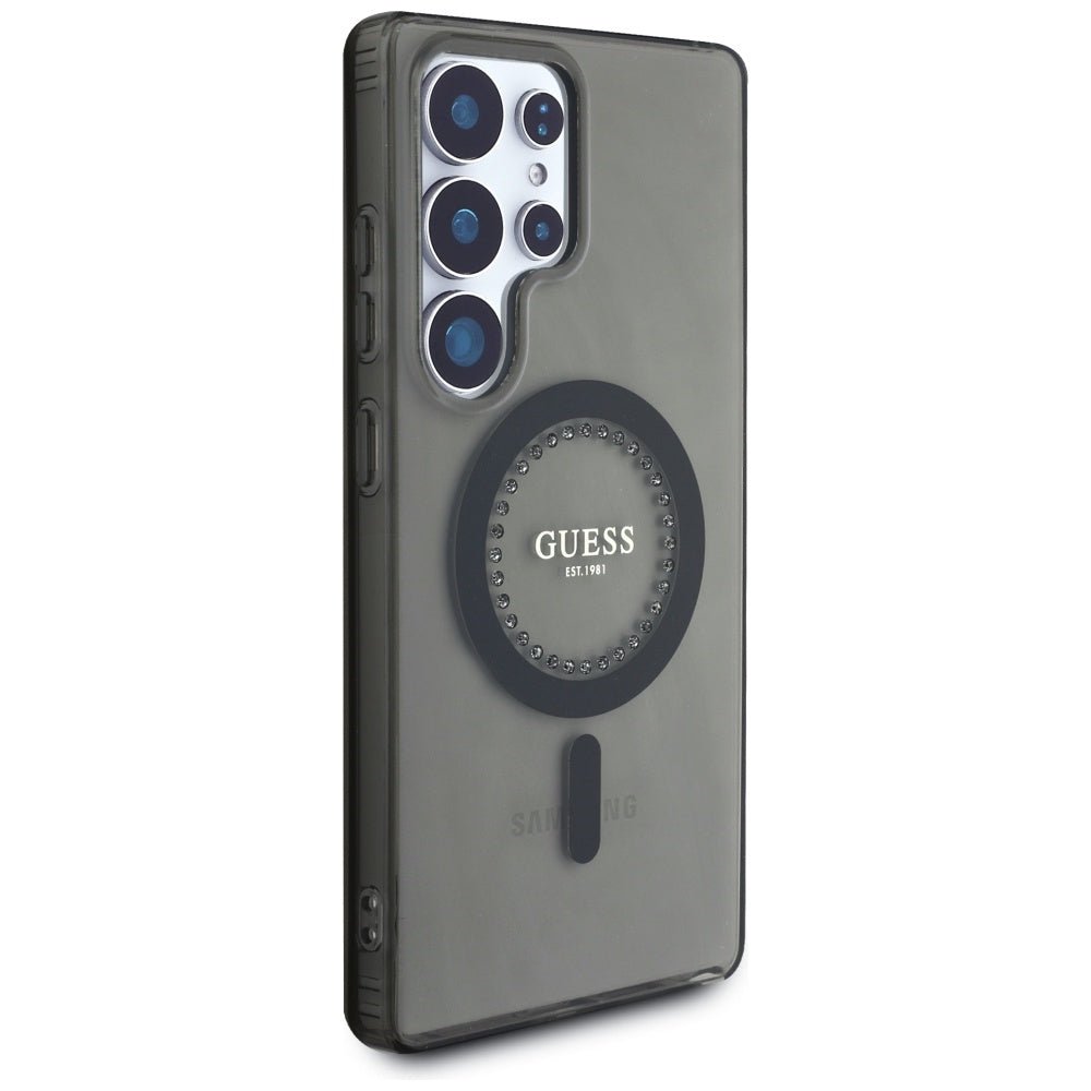 Guess Samsung Galaxy S25 Ultra - Rhinestones Printed Classic Logo - MagSafe Σκληρή Θήκη με Πλαίσιο Σιλικόνης - Black - GUHMS25LPFTDTEK