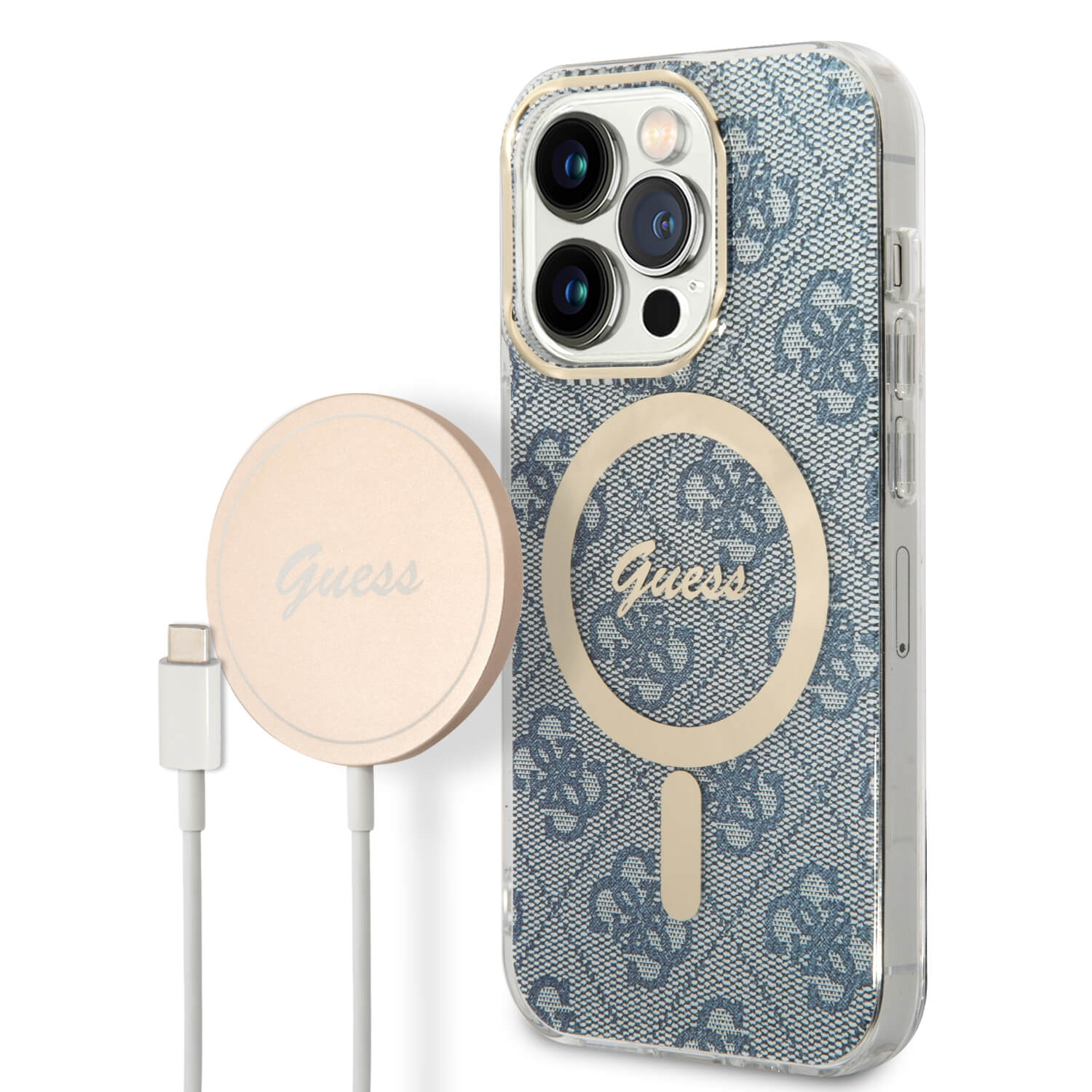 Guess iPhone 14 Pro Max - Bundle Pack MagSafe - Σετ Σκληρή Θήκη με Πλαίσιο Σιλικόνης και Ασύρματος Φορτιστής MagSafe - Design 4G and Gold - Blue - GUBPP14XH4EACSB