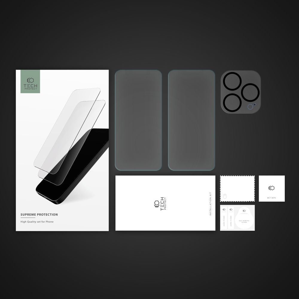 Tech - Protect iPhone 15 Pro Supreme Set - Σετ με 2 Tempered Glass Αντιχαρακτικά Γυαλιά Οθόνης και 1 Αντιχαρακτικό Γυαλί για την Κάμερα - Διάφανα