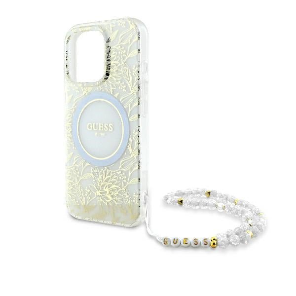Guess iPhone 16 Pro - IML Flowers Allover Electro With Pearl Strap MagSafe - Σκληρή Θήκη με Πλαίσιο Σιλικόνης και Λουράκι - White / Διάφανη - GUHMP16LHCPOFPH