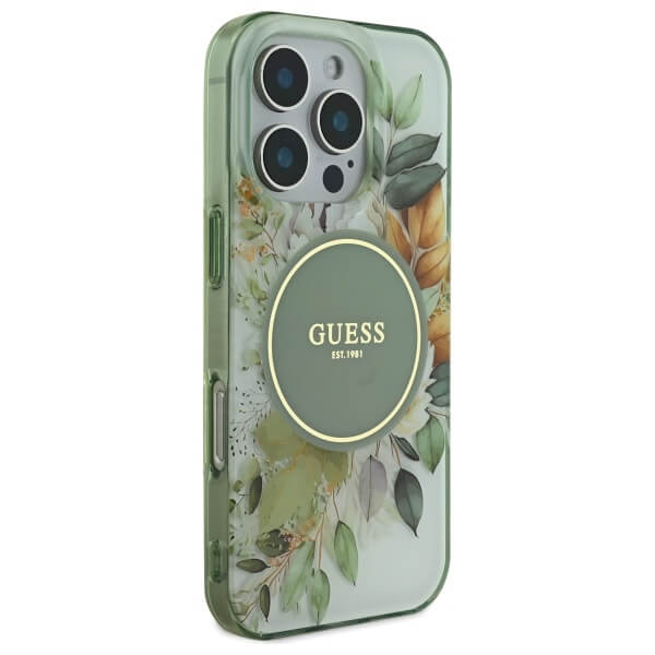 Guess iPhone 16 Pro Max - IML Flower and Tonal Circle MagSafe - Σκληρή Θήκη με Πλαίσιο Σιλικόνης - Green - GUHMP16XHFWBDCEN