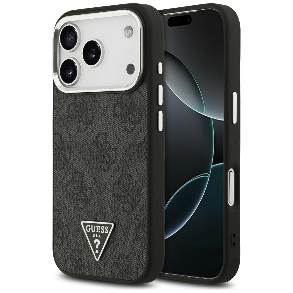 Guess iPhone 17 Pro - 4G Triangle Logo MagSafe - Σκληρή Θήκη με Πλαίσιο Σιλικόνης και Επένδυση Συνθετικού Δέρματος - Black / Silver - GUHMP17LP4TSRCMK