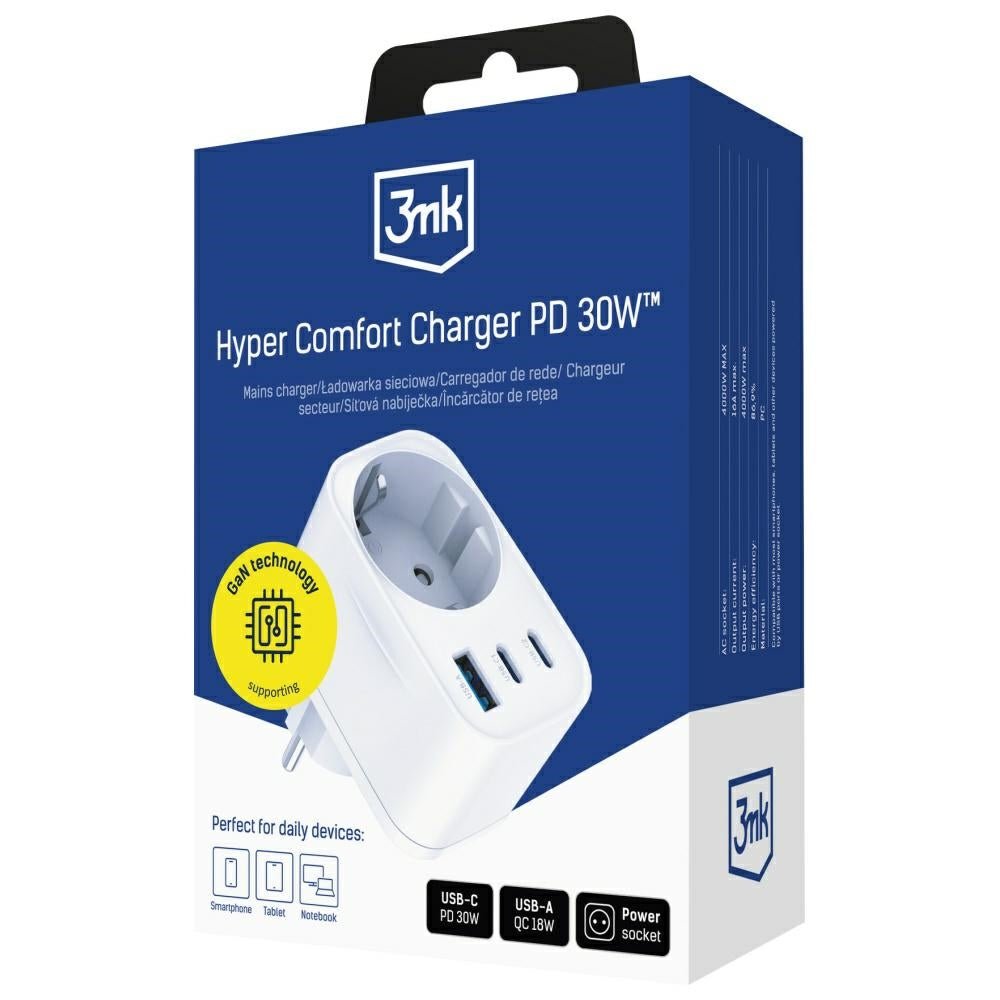 3MK Adapter Hyper Comfort 30W PD Οικιακός Φορτιστής Γρήγορης Φόρτισης με 1 Θύρα USB και 2 Θύρες Type - C και 1 Πρίζα Schuko - White