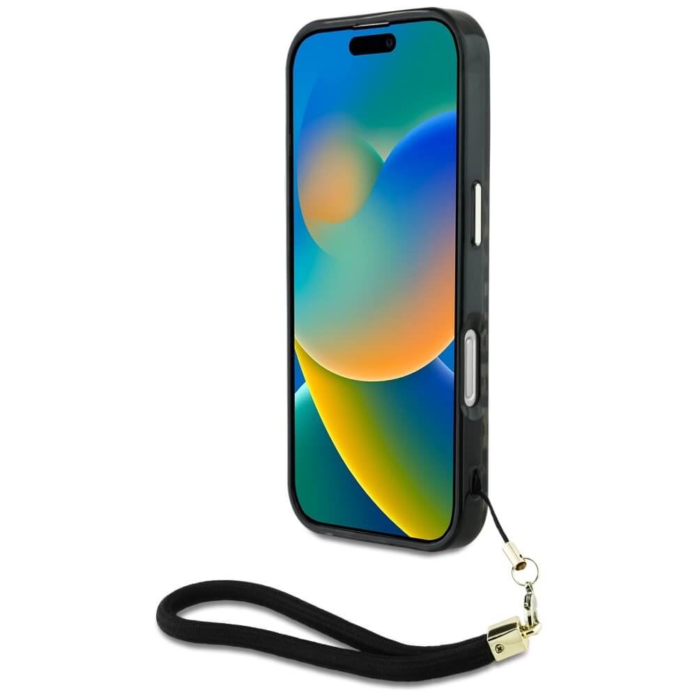 Guess iPhone 16 Pro - HC IML Leopard Triangle Cord Strap MagSafe - Σκληρή Θήκη με Πλαίσιο Σιλικόνης και Λουράκι - Brown - GUHMP16LHLORSSW
