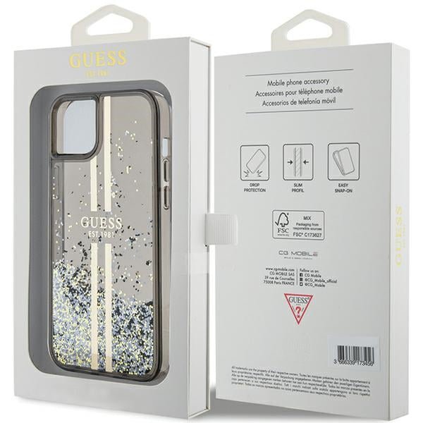 Guess iPhone 15 Liquid Glitter Gold Stripes Σκληρή Θήκη με Πλαίσιο Σιλικόνης - Black - GUHCP15SLFCSEGK