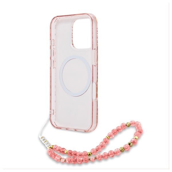 Guess iPhone 16 Pro - IML Flowers Allover Electro With Pearl Strap MagSafe - Σκληρή Θήκη με Πλαίσιο Σιλικόνης και Λουράκι - Pink - GUHMP16LHCPOFPP