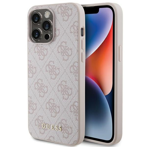 Guess iPhone 15 Pro Max - 4G Metal Gold Logo Σκληρή Θήκη με Επένδυση Συνθετικού Δέρματος - Pink - GUHCP15XG4GFPI