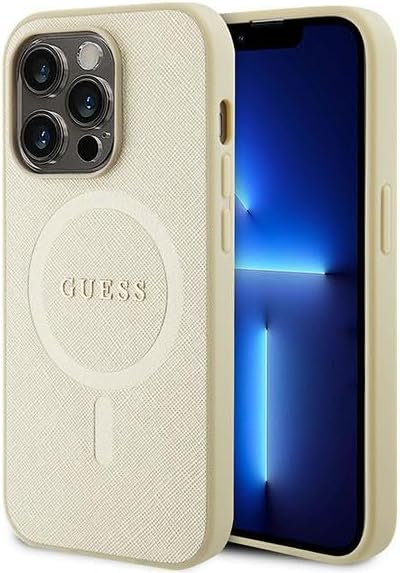 Guess iPhone 15 Pro Max Saffiano MagSafe Σκληρή Θήκη με Πλαίσιο Σιλικόνης και MagSafe - Gold - GUHMP15XPSAHMCB
