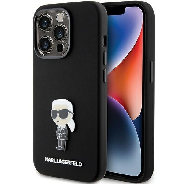 Karl Lagerfeld iPhone 15 Pro Max - Silicone Ikonik Metal Pin Σκληρή Θήκη με Πλαίσιο Σιλικόνης - Black - KLHCP15XSMHKNPK