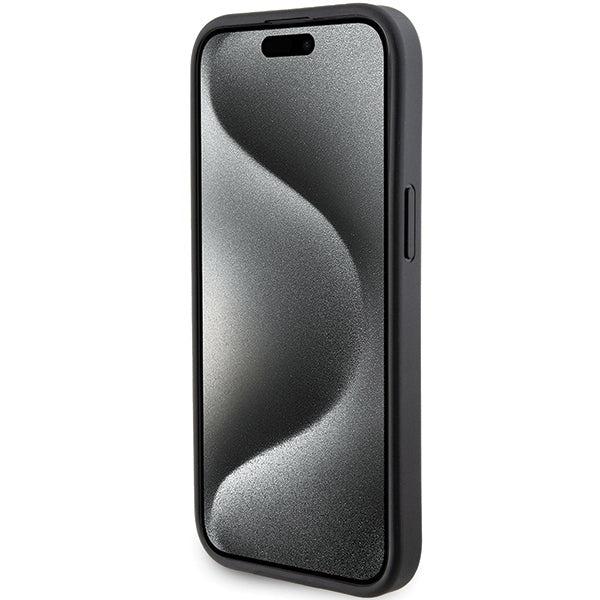 Guess iPhone 15 Grip Stand 4G Triangle Strass Logo Θήκη με Επένδυση Συνθετικού Δέρματος και Stand - Black - GUHCP15SPGS4TDK