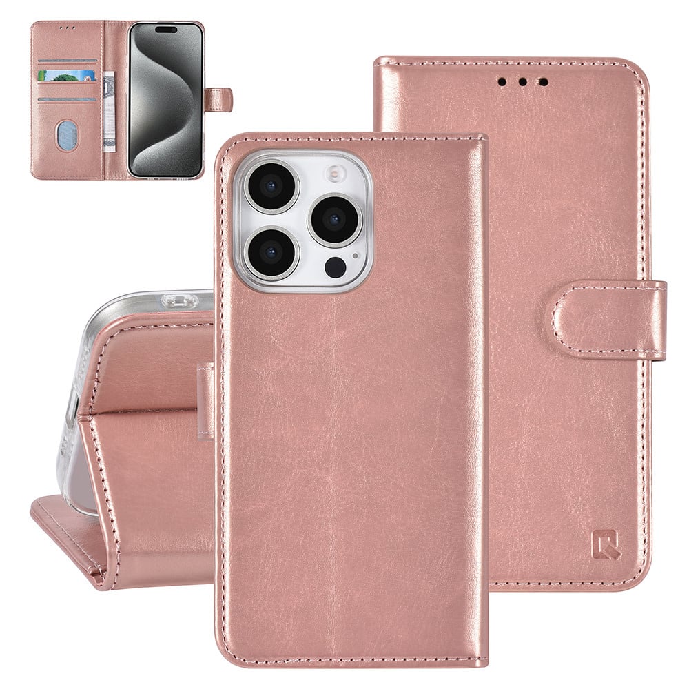 Tuniq iPhone 16 Pro - Θήκη Πορτοφόλι Stand από Δερματίνη - Rose Gold