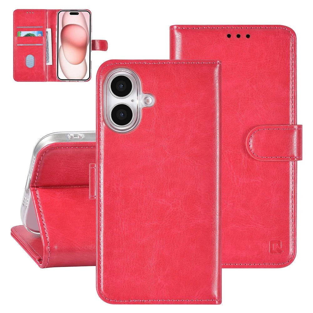 Tuniq iPhone 16 - Θήκη Πορτοφόλι Stand από Δερματίνη - Hot Pink