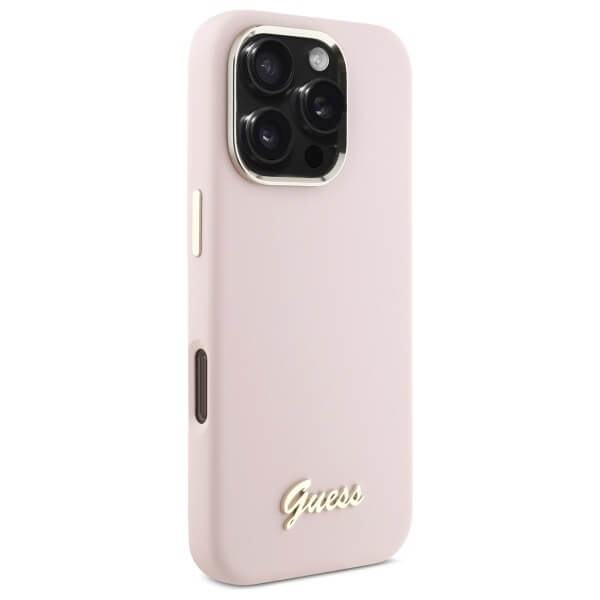 Guess iPhone 16 Pro - Silicone Script Metal Logo and Frame - Σκληρή Θήκη με Πλαίσιο Σιλικόνης - Pink - GUHCP16LSMBSLP