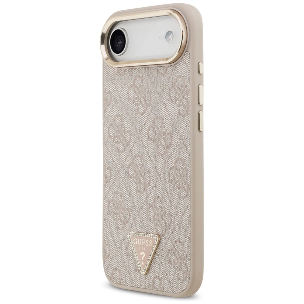 Guess iPhone Air - 4G Triangle Strass Logo MagSafe - Σκληρή Θήκη με Επένδυση Συνθετικού Δέρματος - Pink / Gold - GUHMP17MP4GTDGMP