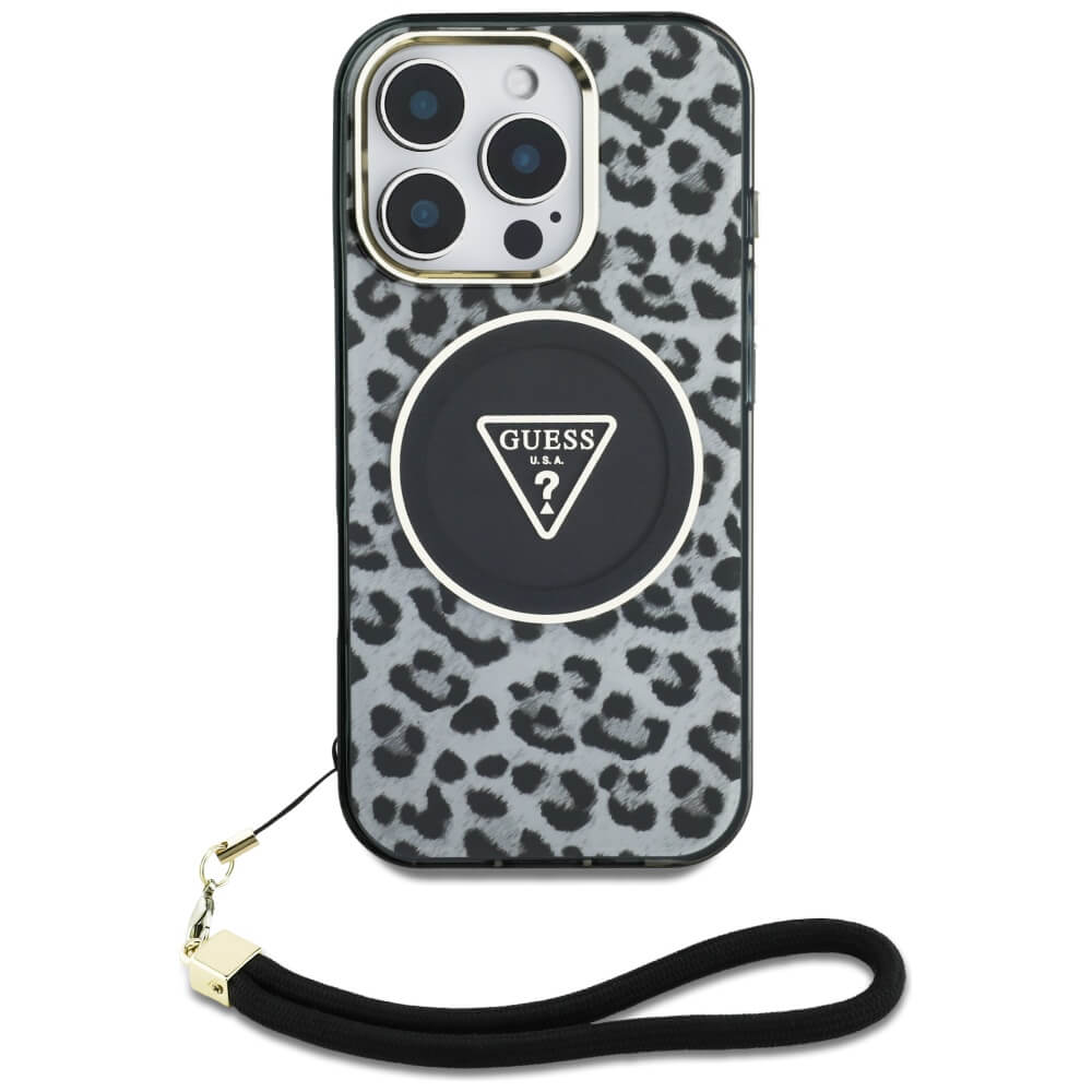 Guess iPhone 16 Pro Max - HC IML Leopard Triangle Cord Strap MagSafe - Σκληρή Θήκη με Πλαίσιο Σιλικόνης και Λουράκι - Black - GUHMP16XHLORSSK