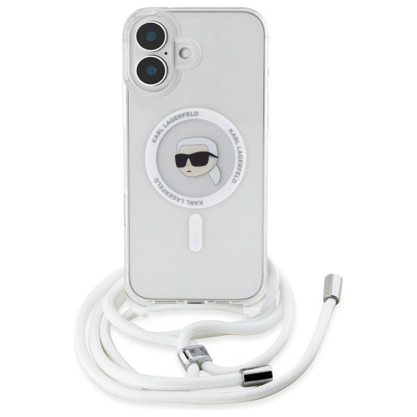 Karl Lagerfeld iPhone 16 - Crossbody IML Karl Head - MagSafe Σκληρή Θήκη με Πλαίσιο Σιλικόνης και Λουράκι - Διάφανη - KLHMP16SHCKHNT