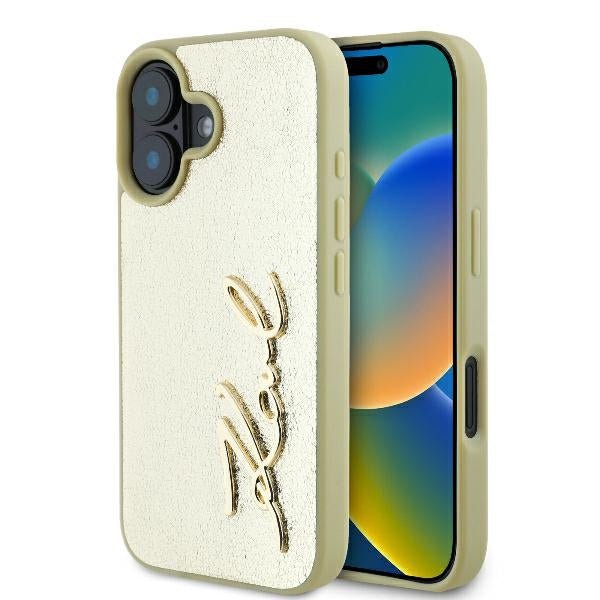 Karl Lagerfeld iPhone 16 - Metal Signature - Σκληρή Θήκη με Πλαίσιο Σιλικόνης και Επένδυση Συνθετικού Δέρματος - Gold - KLHCP16SPFMFBKMD