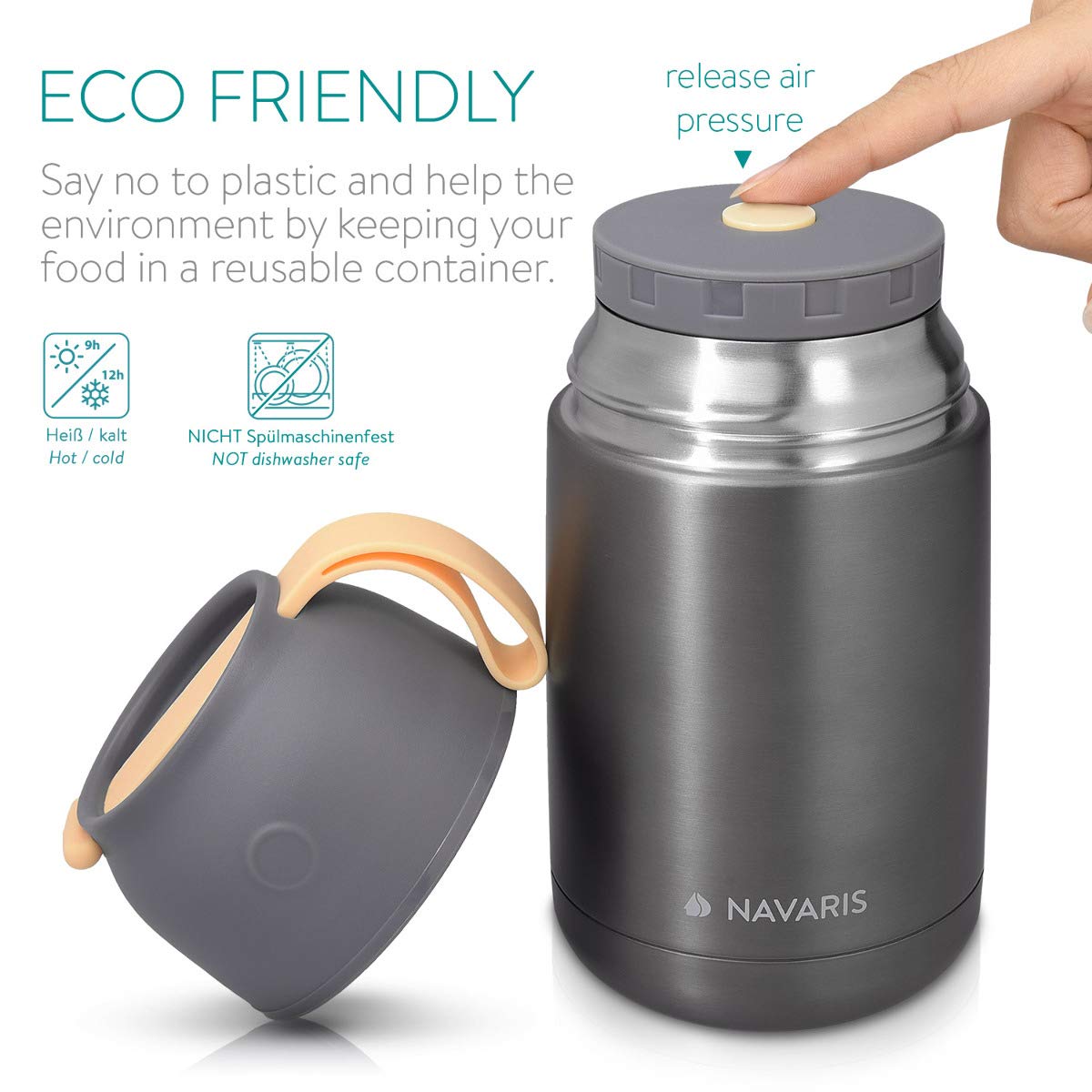 Navaris Vacuum Insulated Food Jar Θερμός από Ανοξείδωτο Ατσάλι με Καπάκι - Δοχείο Για Φαγητό - 650ml - Dark Gray - 47325.2.19