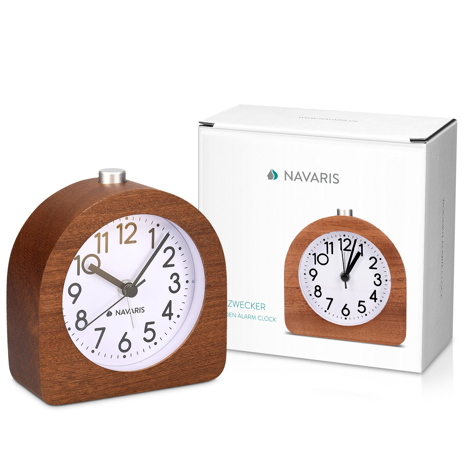 Navaris Analogue Wood Alarm Clock Design Half Round - Αναλογικό Επιτραπέζιο Ρολόι και Ξυπνητήρι - Dark Brown - 45427.18