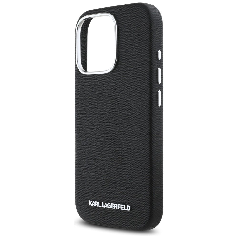 Karl Lagerfeld iPhone 16 Pro Max - Saffiano Full Wrapped Elongated Metal Logo - MagSafe Σκληρή Θήκη με Επένδυση Συνθετικού Δέρματος και Πλαίσιο Σιλικόνης - Black - KLHMP16XPSAFWMCK