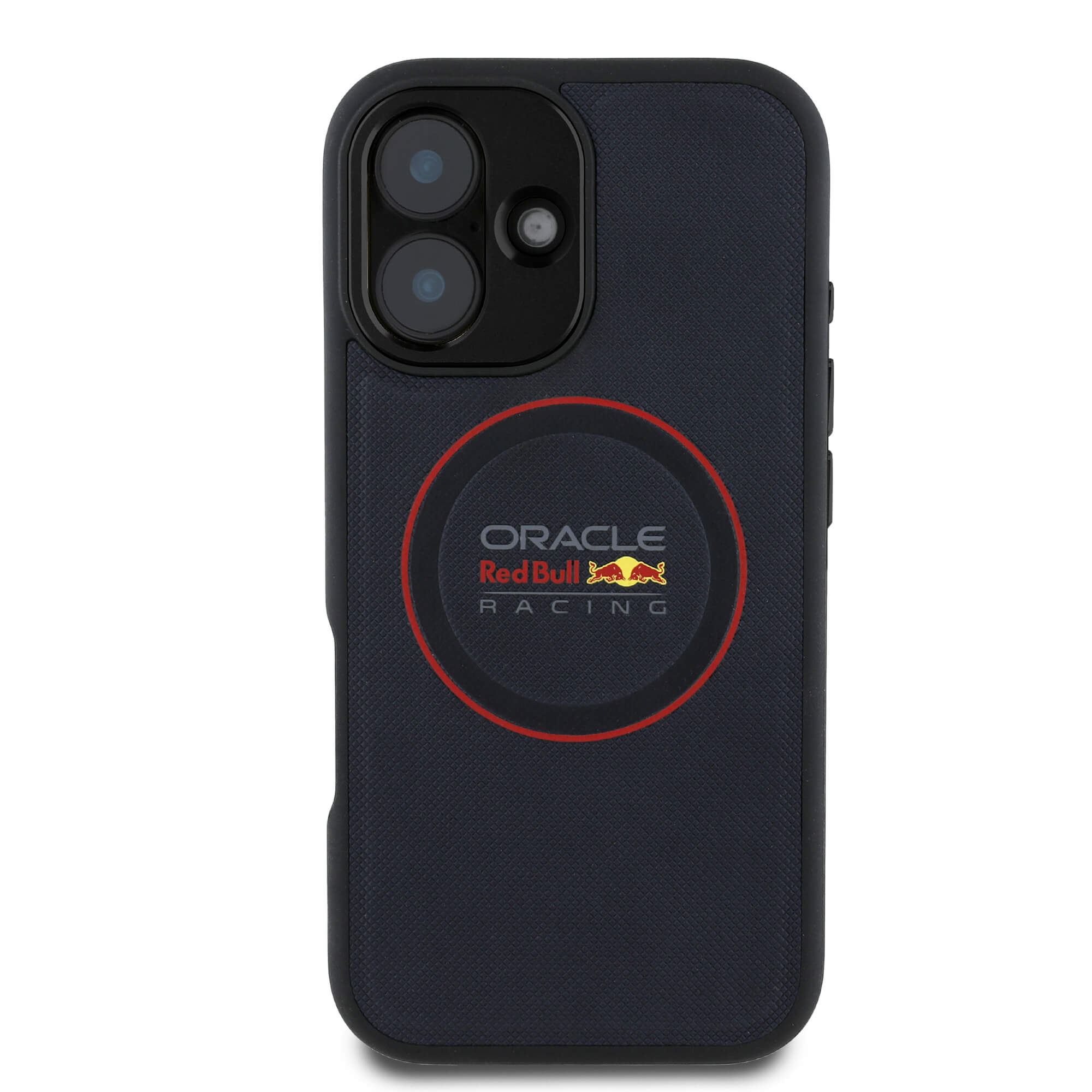 Red Bull iPhone 16 - Leather Red Ring - MagSafe Σκληρή Θήκη με Επένδυση Συνθετικού Δέρματος και Πλαίσιο Σιλικόνης - Navy - RBHMP16S24PUILVR
