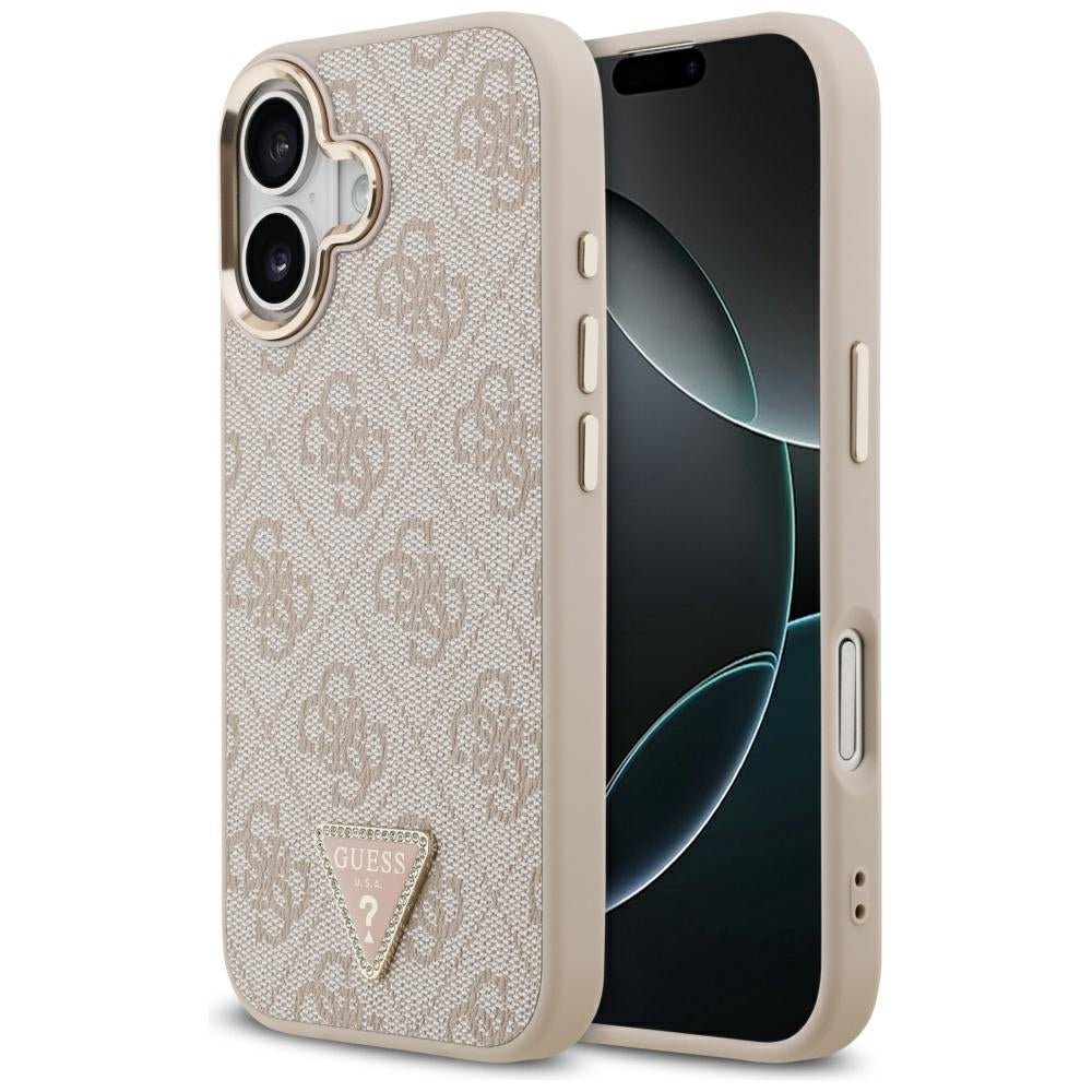 Guess iPhone 17 - 4G Triangle Strass Logo MagSafe - Σκληρή Θήκη με Επένδυση Συνθετικού Δέρματος - Pink / Gold - GUHMP17SP4GTDGMP