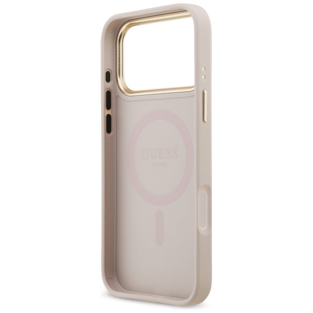 Guess iPhone 17 Pro Max - 4G Strass Logo and Big Strap Metal Buttons MagSafe - Θήκη με Επένδυση Συνθετικού Δέρματος και Λουράκι - Pink - GUHMP17XP4G4DCSP