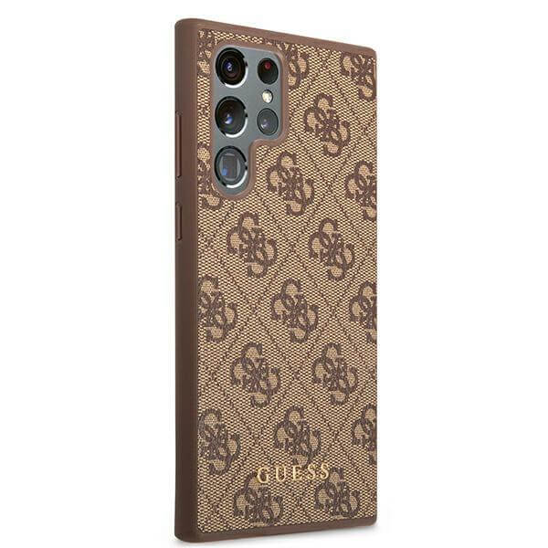 Guess Samsung Galaxy S22 Ultra - 4G Metal Gold Logo Σκληρή Θήκη με Επένδυση Συνθετικού Δέρματος - Brown - GUHCS22LG4GFBR