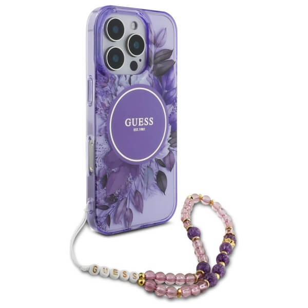 Guess iPhone 16 Pro Max - IML Flowers With Pearl Strap MagSafe - Σκληρή Θήκη με Πλαίσιο Σιλικόνης και Λουράκι - Purple - GUHMP16XHFWBRCESU