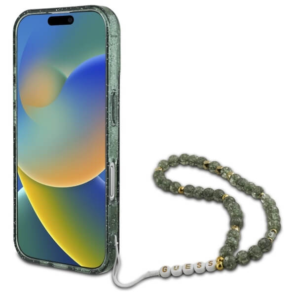 Guess iPhone 16 - IML Glitter With Pearl Strap MagSafe - Σκληρή Θήκη με Πλαίσιο Σιλικόνης και Λουράκι - Green - GUHMP16SHGCRELSA