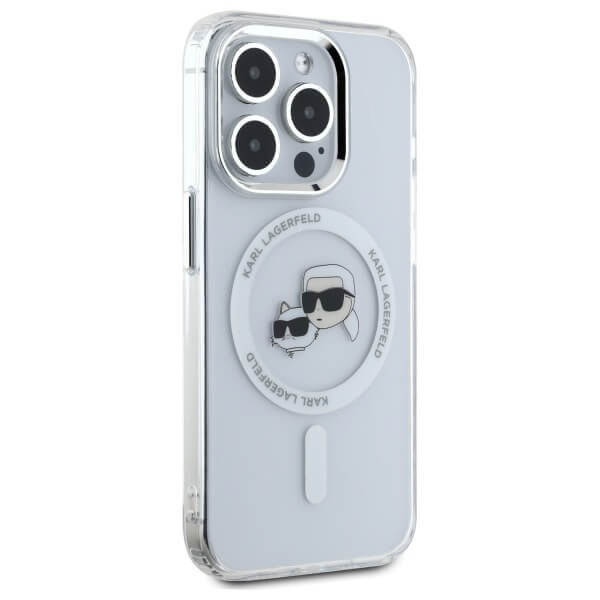 Karl Lagerfeld iPhone 15 Pro Max - IML Metal Karl and Choupette Head - Σκληρή Θήκη με Πλαίσιο Σιλικόνης και MagSafe - White - KLHMP15XHLSKCH