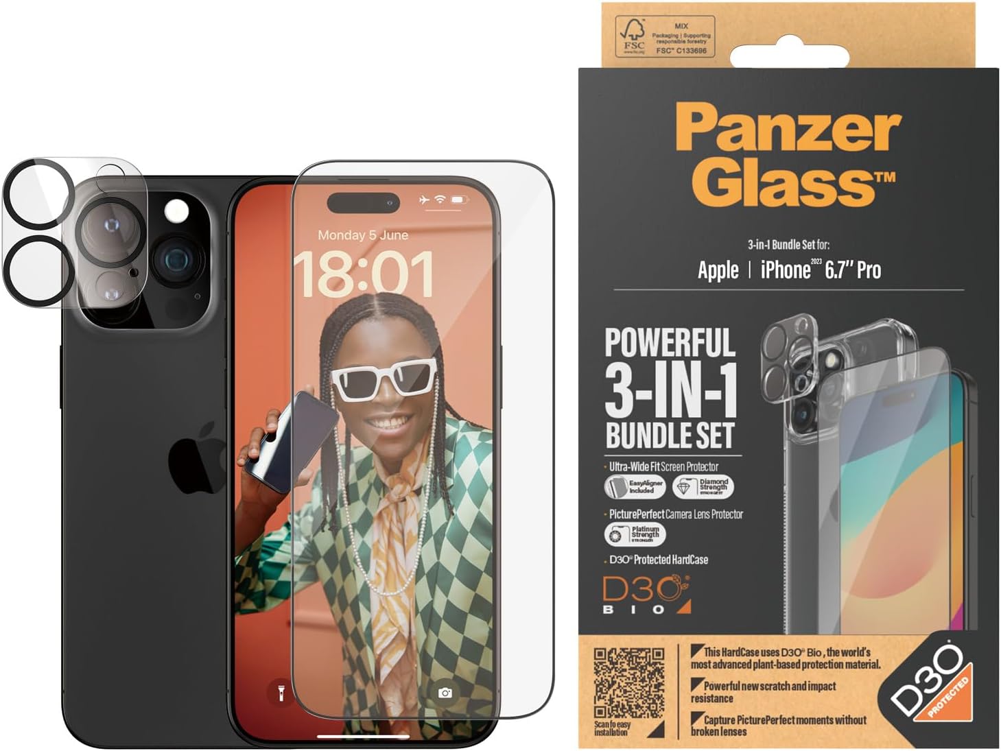 PanzerGlass iPhone 15 Pro Max - Σετ με 1 Αντιχαρακτικό Γυαλί Οθόνης Ultra - Wide Fit, 1 Αντιχαρακτικό Γυαλί για την Κάμερα και 1 Σκληρή Θήκη - Διάφανο